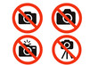 © Kesha - No photography signs set. No photos allowed vector icons. Warning and prohibition symbols. Forbidden camera, no flash, no tripod allowed marks. Private property notice.