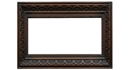 Ornate dark wood picture frame isolated on transparent background, vintage carved border for artwork and photography display