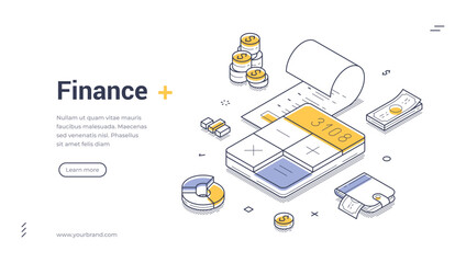 Wall Mural - Finance banking accounting calculating isometric web banner design template line vector illustration. Financial money accountant commercial business planning budget balance analyzing control