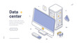 © provectors - Data center cloud computing hardware server isometric web banner design template line vector illustration. Archive media content binary analyzing database file exchange software backup technology