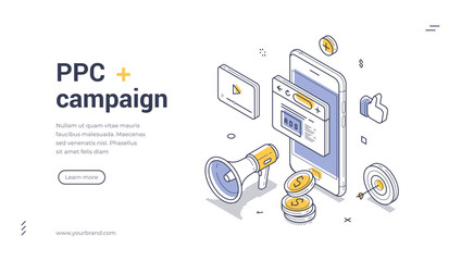 Wall Mural - PPC campaign commercial marketing advertising isometric web banner design template line vector illustration. Internet promo cyberspace advertisement web page searching digital technology