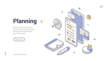 Wall Mural - Business planning time management work organization isometric web banner design template line vector illustration. Workflow process organizing to do list control task optimization mobile app