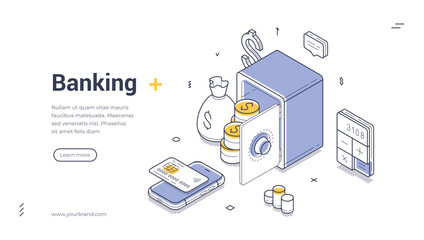 Wall Mural - Banking money savings safe mobile app isometric web banner design template line vector illustration. Financial currency secure investment cash cashless shopping payment commercial transaction