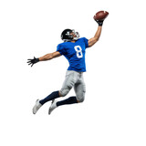 Dynamic football athlete soaring through air in action wearing blue uniform and helmet