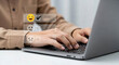 © hasan - Customer Satisfaction Survey Person using laptop to rate experience with happy emoji and checkmark representing positive feedback and successful service