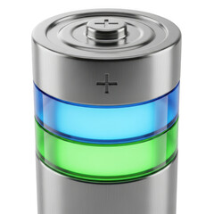 Close-up of a modern battery with glowing blue and green energy level indicators isolated on transparent background