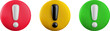© Ketmut - Vector cartoon 3d exclamation mark sign set. 3d Render of red round, yellow, green attention sign. Plastic warning symbol, caution notification icon for infographic, web, app, design, game.
