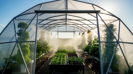 Wall Mural - Medium shot of a domeshaped polyhouse with sunlight filtering through its curved cover highlighting innovative crop growth under optimal conditions.