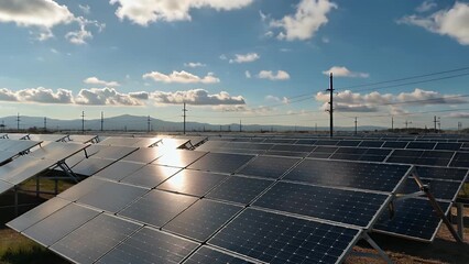 long and descriptive title about array of multiple solar photovoltaic panels installed in power plant for generating renewable electrical energy