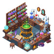 © Nur - Isometric view of a magical alchemy laboratory with equipment.