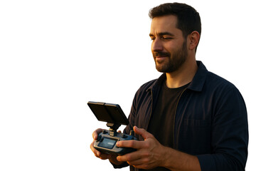 Man using drone controller, closeup technology concept, clean isolated style on white background, modern design for tech element layout. Ai generative