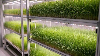 Wall Mural - Medium shot of vertical wheat farming racks with vibrant green wheat shoots under energyefficient LED lighting in a controlled indoor environment.