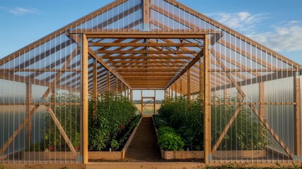 Wall Mural - Medium shot of a gabled polyhouse with sturdy framing and covered plants inside emphasizing traditional design for extended crop cultivation.