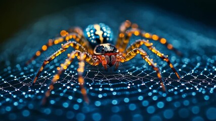 Vibrant Colorful Spider Resting on a Glistening Dewy Web.