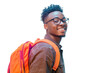 © mahatabuddin - Smiling young man with glasses and backpack isolated on transparent background. Smiling young african college student with books and backpack and wearing glasses isolated on white background.