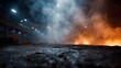 © Thares2020 - An intense industrial factory interior filled with dramatic smoke flying sparks and the fiery glow of intense heat set against dark atmospheric