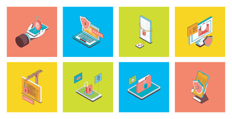 Wall Mural - Cyber security concept of 3d isometric icons set. Pack with safety access with data privacy protection, fingerprint verification and password shields, online protection service. Vector illustration.