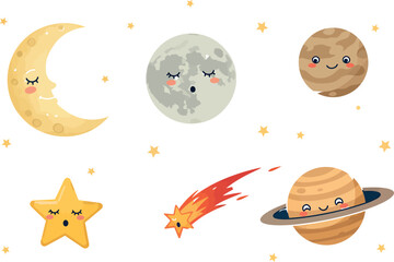  Cute Cartoon Planets, Moon, Star, and Comet