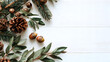 © eri - Christmas festive styled stock composition. Decorative corner. Pine cones, Fir and olive tree leaves and branches white wooden background
