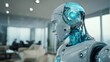 © 小さな花 - 青色アクセントの人型ロボット 事務所内での横顔