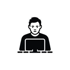 Asian man at desktop computer with transparent background icon illustration