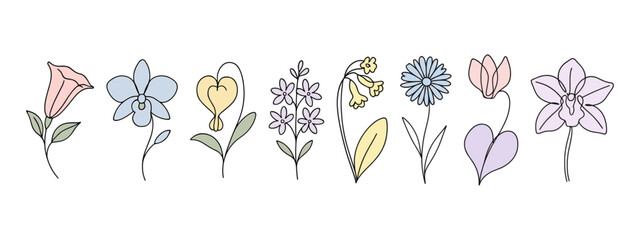 Minimalist Pastel Doodle Flowers. Stylized floral