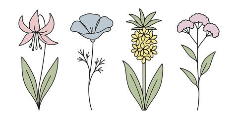 Minimalist Pastel Doodle Flowers. Single line art