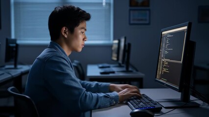 Young Asian Man Coding on Computer in Dimly Lit Room with Multiple Monitors Showing Code Wearing a Blue Denim Shirt Sitting at Desk