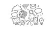 © nevermind - A hand-drawn illustration depicting various technological and communication symbols, arranged together.