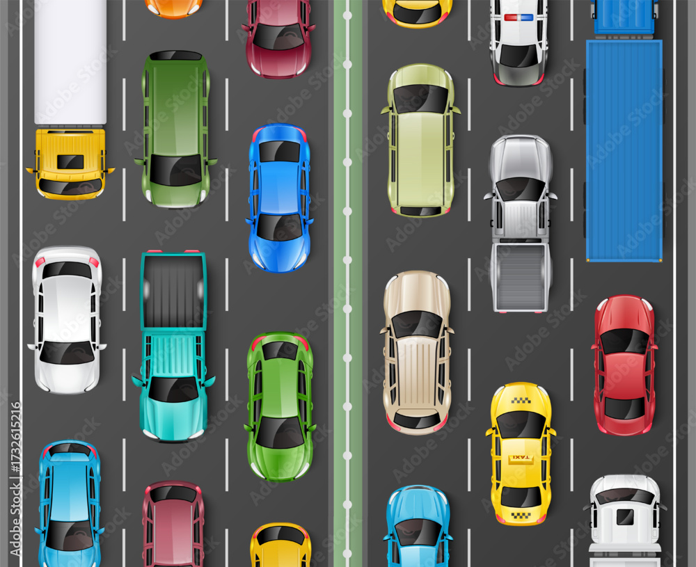 Traffic jam with cars and trucks top view. Vector illustration Stock ...
