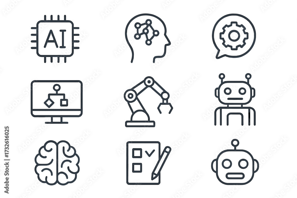 Artificial intelligence thin line icon set. Concepts of machine ...