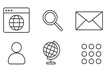 © Leisha - Website and internet icons set in line style, including web browser, search magnifier, email envelope, user profile, globe, and grid interface symbols, vector collection