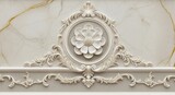 Intricate white rococo stucco molding with floral motif and marble background