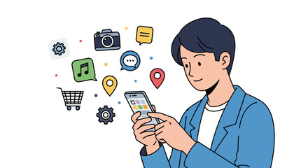 Man using smartphone with app icons floating around, representing mobile technology and digital lifestyle.
