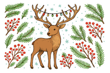 Naklejka na meble Christmas deer illustration. Festive winter animal with light garland on antlers. Hand drawn vector background with pine branch, red berry, and snow. Holiday season nature design.