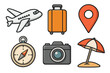 © Myung - Travel icon set for vacation and tourism. Flat cartoon vector collection with airplane, luggage, location pin, compass, camera, beach umbrella. For holiday and adventure.