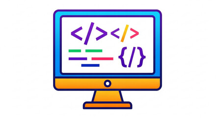 Colorful computer monitor displaying code symbols, , representing software development and programming concepts