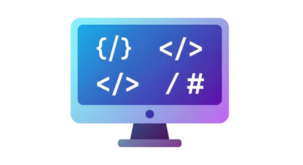 Illustration of a computer screen with code symbols, representing software development and programming concepts