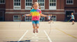 © Felippe Lopes - Girl jumping rope outside Colorful shirt pigtails hopscotch Enjoying recess happy and active lifestyle schoolyard activities