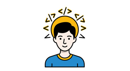 Cartoon illustration of a young programmer with a halo of code.