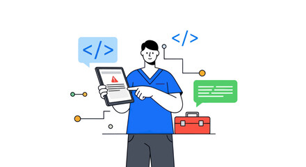 Software developer pointing at a tablet with a coding error.