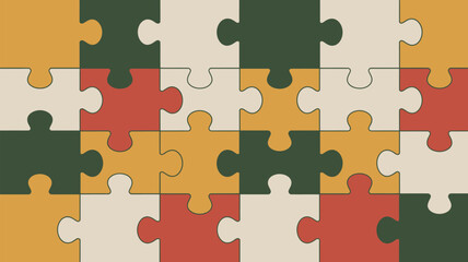 A colorful jigsaw puzzle pattern with interlocking pieces in green red yellow and beige tones filling frame