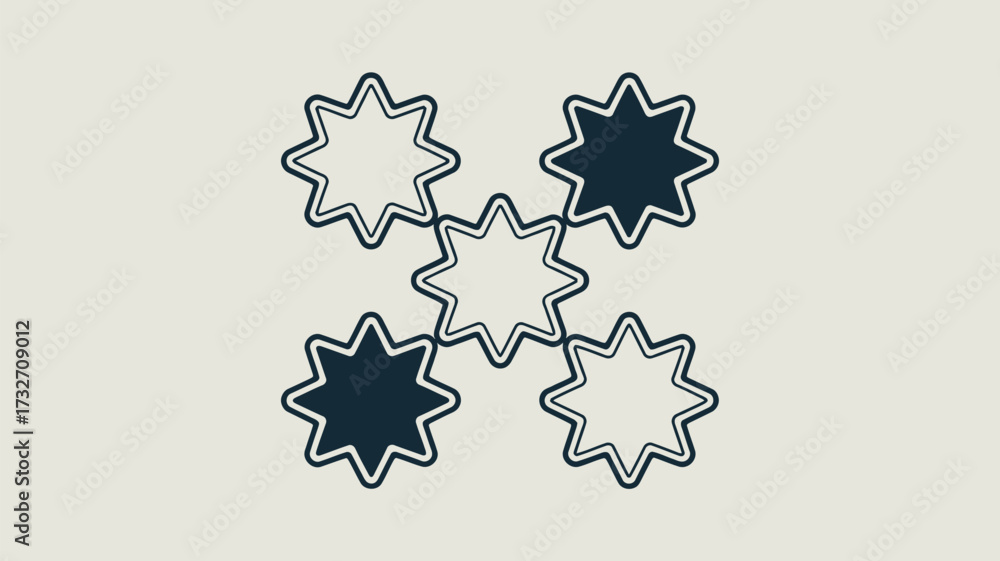 Arrangement of five eight pointed stars in a cross pattern with ...