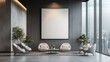 © Jhangeer Khan - Modern Office Space with Panoramic City Views and Large Blank Poster for Marketing DisplayModern Office Waiting Area with Comfortable Seating Arrangement and Minimalist Design