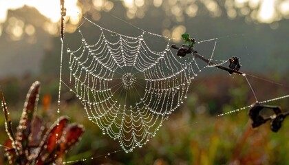 Spider web with morning dew drops in nature