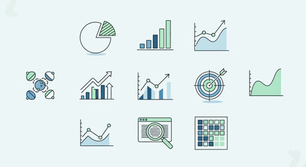 A collection of flat design icons representing data analysis, business growth, statistics, and digital marketing concepts.