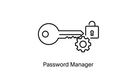 Password manager icon featuring a key, gear, and padlock, symbolizing security and management.