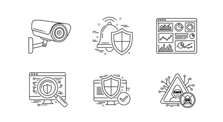 Set of line art icons depicting various aspects of digital security, surveillance, data monitoring, and cyber threat protection.