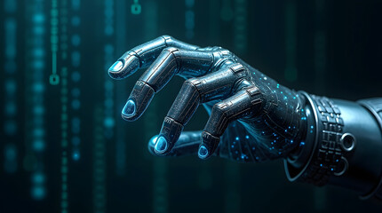 Robotic hand reaching out against a digital backdrop. Technology close up.