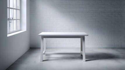 Wall Mural - A clean white table sits in a brightly lit minimalist studio with a large window